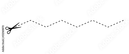 Scissors cut dotted line zig zag shape icon. Guide lines for kids shear cutting practice page. Simple silhouette cut here graphic design element. Vector flat illustation.