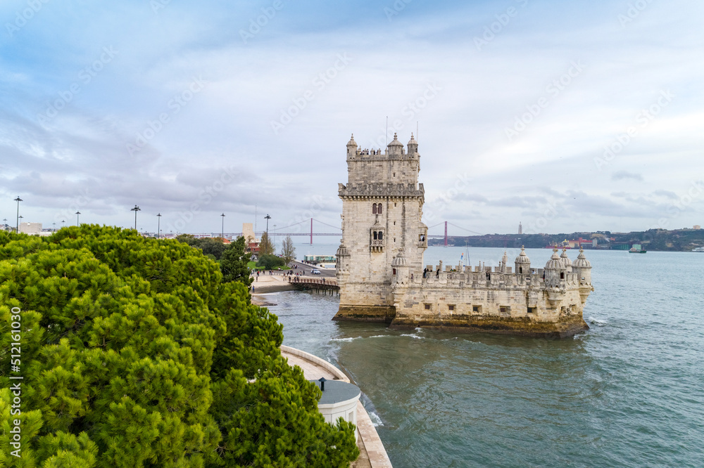 Aerial view of Belem tower on the Tagus river in Lisbon the capital of Portugal