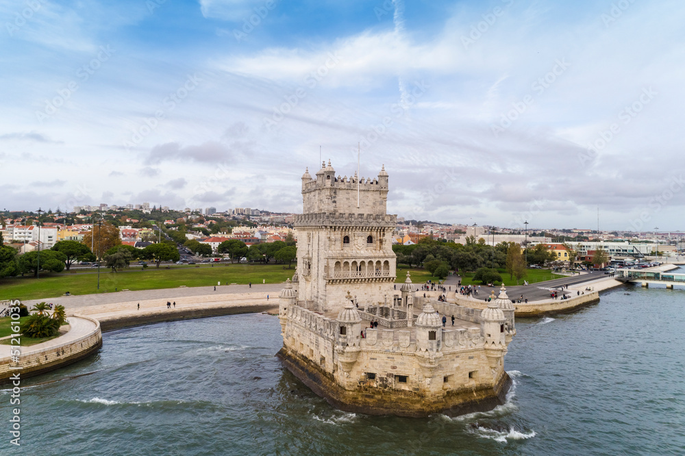 Aerial view of Belem tower on the Tagus river in Lisbon the capital of Portugal