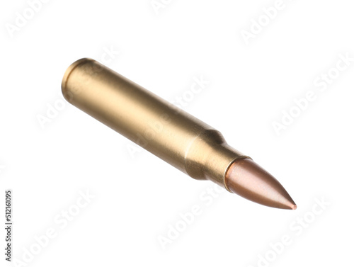 Rifle cartridge isolated on white. Firearm ammunition