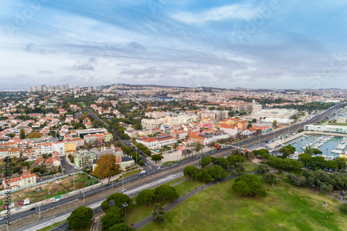 aerial view of the skyline of Belem area in Lisbon on the tagus river