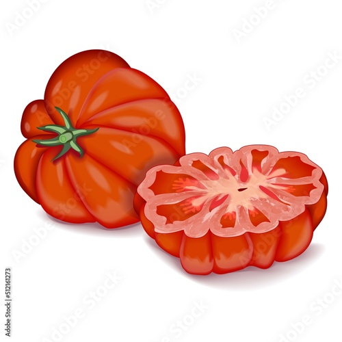 Composition of whole and half tomatoes. Red beef tomato for banners, flyers, social media. Beefsteak tomato. Fresh organic vegetables. Vector illustration isolated on white background.