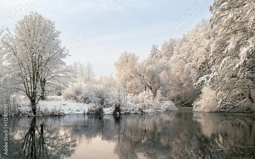 Snow-covered trees covered with frost on the riverbank in winter