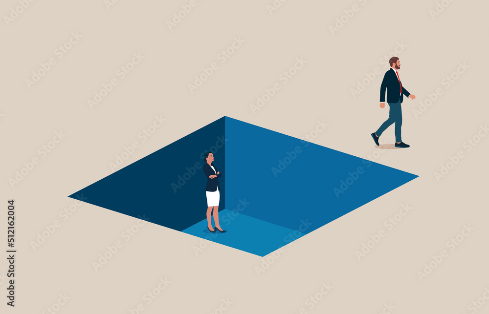 Inequality in business. Businessman and woman in different positions for career promotion. Different opportunities in corporate world. Inequality in business. Businessman and woman in different positions for career promotion. Different opportunities in corporate world.