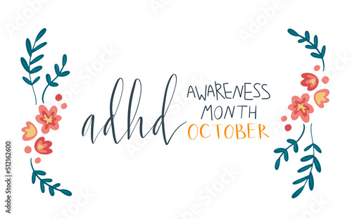 Adhd Attention deficit hyperactivity disorder Awareness Month October banner template with handwritten brush lettering