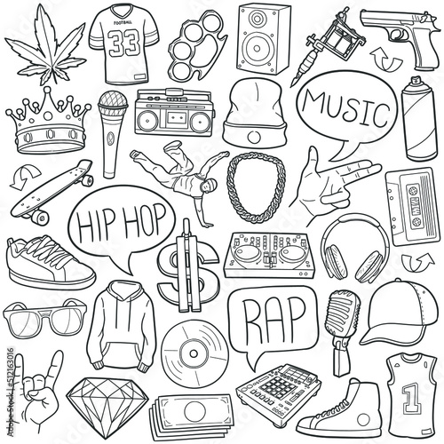 Hip Hop Doodle Icons. Hand Made Line Art. Rap Clipart Logotype Symbol Design.