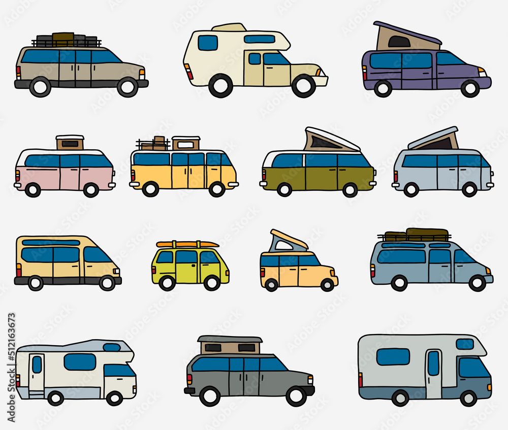 Camping car and recreation vehicle doodle freehand drawing collection.