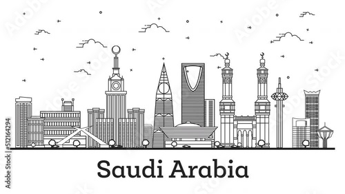 Outline Saudi Arabia City Skyline with Historic and Modern Buildings Isolated on White. Saudi Arabia Cityscape with Landmarks.