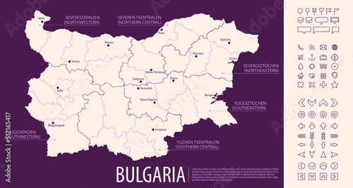 Detailed map of Bulgaria with administrative divisions on dark background, country big cities and icons set, vector illustration