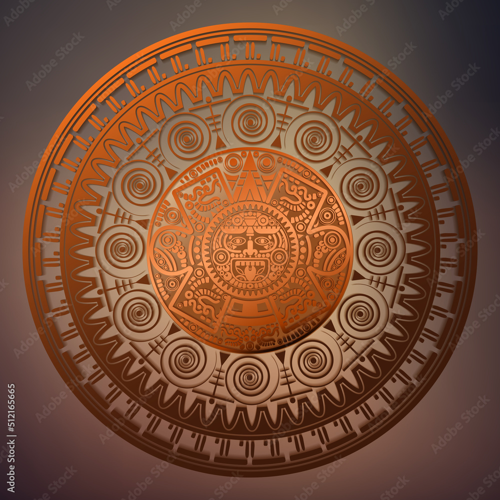 Sacred Aztec wheel calendar Mayan sun god, Maya symbols ethnic mask