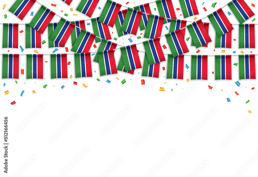 Gambia flag garland white background with confetti, Hang bunting for Gambia independence day celebration template banner, Vector illustration