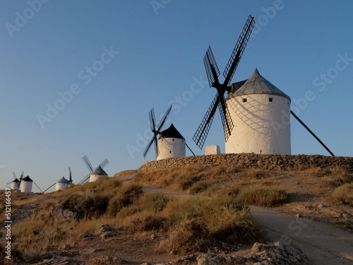 Seven windmills with a castle in Consuegra. La Mancha. Don Quixote. Spain