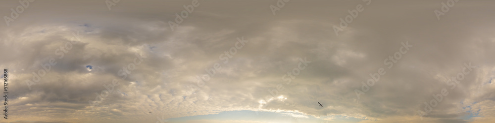 Overcast sky panorama on rainy day with Nimbostratus clouds in seamless spherical equirectangular format. Full zenith for use in 3D graphics, game and for aerial drone 360 degree panorama as sky dome.