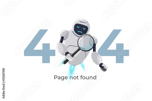 Website page not found error 404. Robot character with magnifying glass in hand. Site crash on technical work web design template with chatbot mascot. Cartoon online bot assistance failure. Vector eps