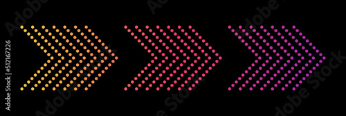 Led arrow. Neon arrows. Icon of forward and down. Design of light indicator and button. Isolated icon on black background. Arrows for direction. Ultraviolet straight billboard. Vector