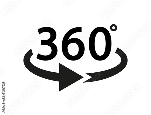 360 degree arrow. Icon with 360 degree. Arrow icon with rotate angle. 3d sign for panorama view. Round symbol with angle of turn isolated on white background. Vector