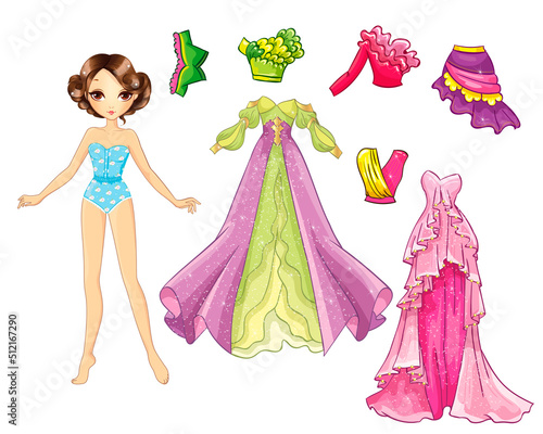 Paper doll with magical dresses and blouses