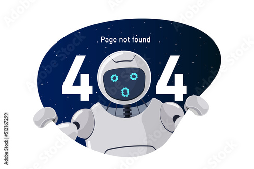 Website page not found error 404. Oops worried robot character peeking out of outer space. Site crash on technical work web design template with chatbot mascot. Cartoon online bot assistance failure