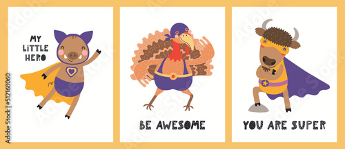 Cute funny animals superheroes, bison, wild boar, turkey. Posters, cards collection. Hand drawn animal vector illustration. Scandinavian style flat design. Concept for kids fashion, textile print.