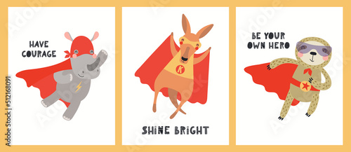 Cute funny animals superheroes, kangaroo, sloth, rhino, quotes. Posters, cards collection. Hand drawn animal vector illustration. Scandinavian style flat design. Concept kids fashion, textile print.
