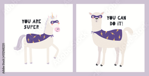 Cute funny animals superheroes, llama, unicorn, quotes. Posters, cards collection. Hand drawn animal vector illustration. Scandinavian style flat design. Concept for kids fashion, textile print.