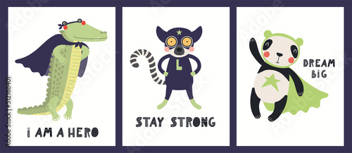Cute funny animals superheroes, panda, crocodile, lemur, quotes. Posters, cards collection. Hand drawn animal vector illustration. Scandinavian style flat design. Concept kids fashion, textile print.