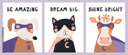 Cute funny animals superheroes, cat, cow, dog, quotes. Posters, cards collection. Hand drawn animal vector illustration. Scandinavian style flat design. Concept for kids fashion, textile print.