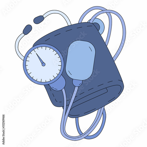 Mechanical tonometer with cuff, pressure gauge and stethoscope. Aneroid sphygmomanometer in cartoon style isolated on a white. A device for measuring blood pressure