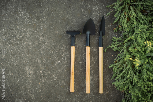 Gardening tools and utensils on concrete background with green grass. Top view. Hobby concept