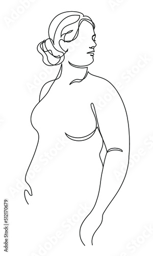 Beautiful woman silhouette in modern single line continuous style. The girl is fat and overweight. Continuous line drawing, outline for decor, posters, stickers, logo. Vector illustrations.