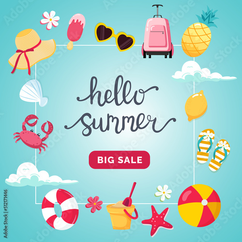 Summer sale banner. Hand drawn lettering and cute cartoon elements. Vector illustration