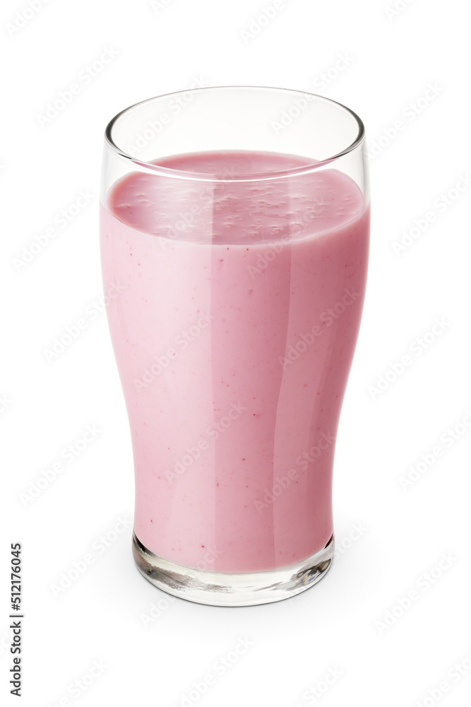 Glass of pink berry milkshake isolated on white.