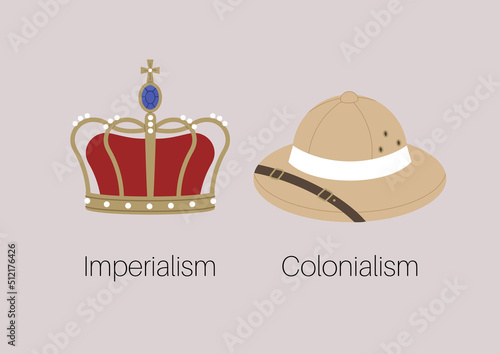 Imperialism and colonialism symbols, a royal crown and a hunter cork cat.
