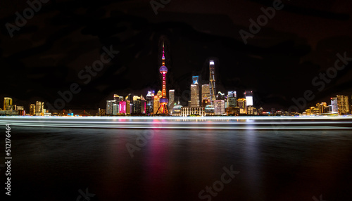 colorful lights and futuristic skyline of skyscrapers on river of shanghai pudong skyscrapers, China