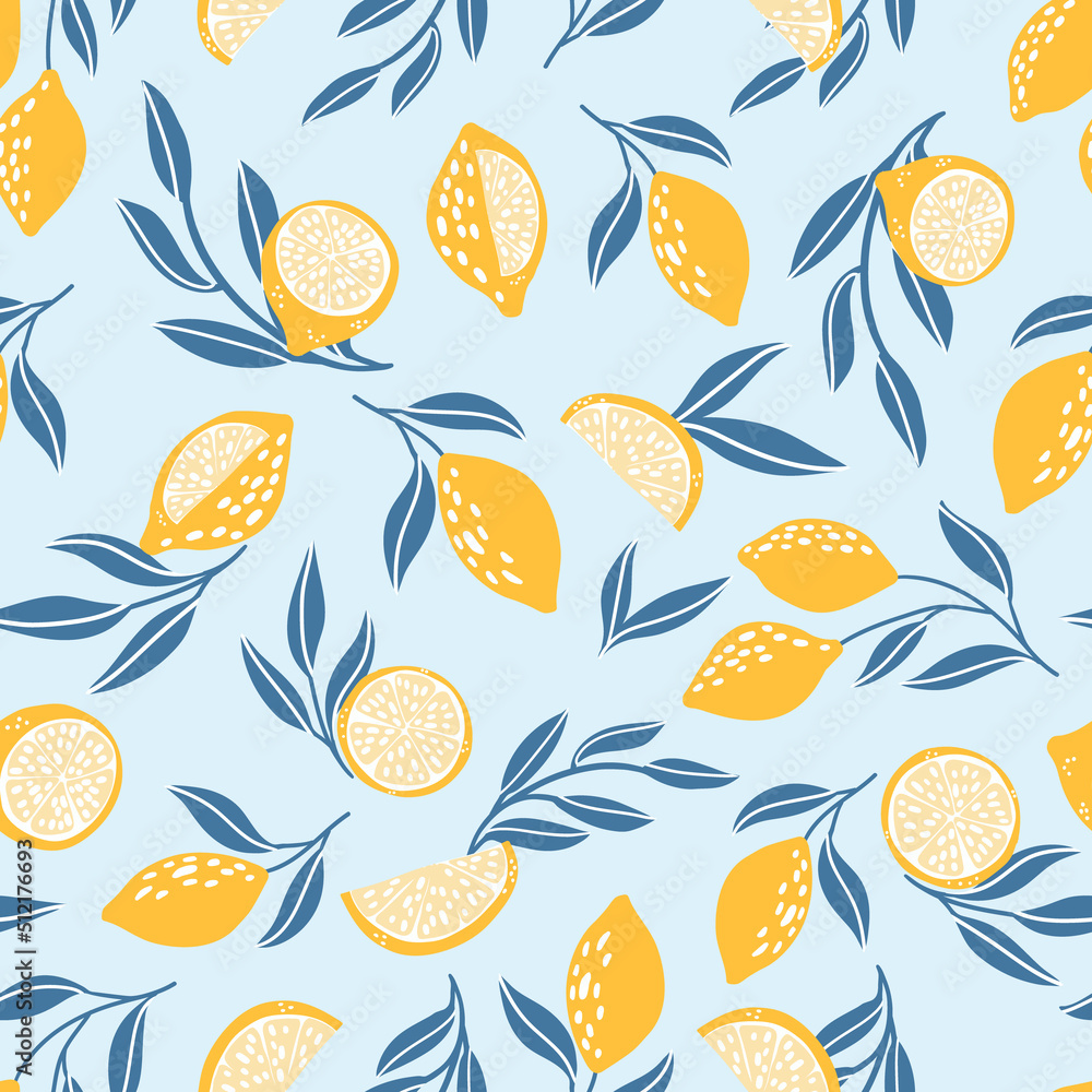 Seamless pattern made with cute lemons and botanical details. Simple fruit print. Scandinavian style, naive vibes. Seamless pattern made with cute lemons and botanical details. Simple fruit print. Scandinavian style, naive vibes.