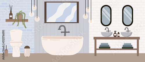 Modern bathroom with zones for toilet, bath and sinks.