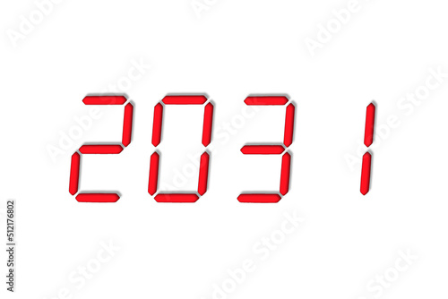 The dial of the electronic clock which shows the year 2031,isolated on a white background