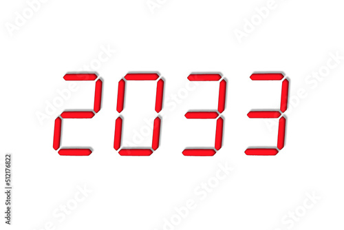 The dial of the electronic clock which shows the year 2033,isolated on a white background