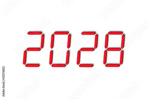 The dial of the electronic clock which shows the year 2028,isolated on a white background