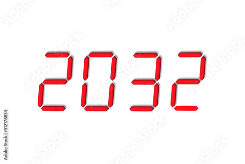 The dial of the electronic clock which shows the year 2032,isolated on a white background