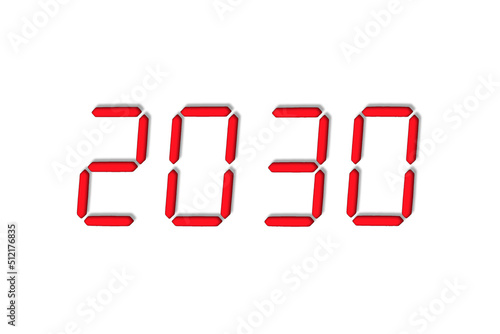 The dial of the electronic clock which shows the year 2030,isolated on a white background