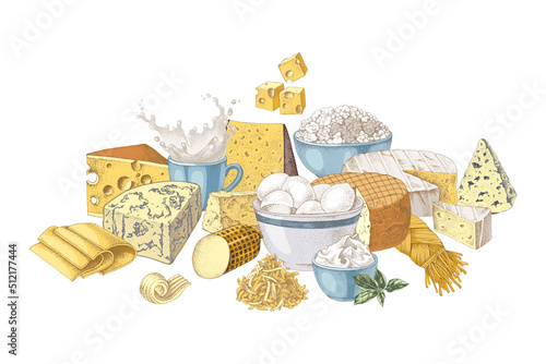 Hand drawn milk products, gourmet food slices, .