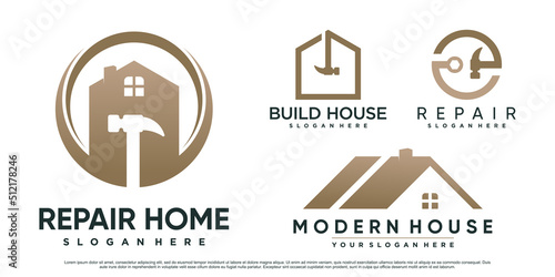 Set of home repair logo design inspiration with hammer and creative element Premium Vector