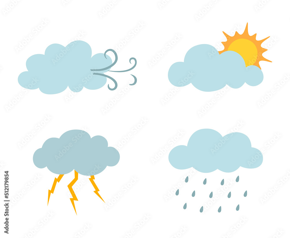 Set of clouds with lightning, rain, sun, wind Set of clouds with lightning, rain, sun, wind