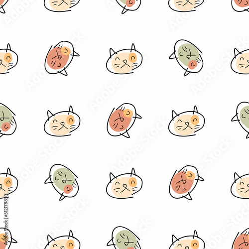 Doodle seamless pattern with sad cats faces. Cute animalistic print for fabric, T-shirt, stationery. Hand drawn vector illustration for decor and design.