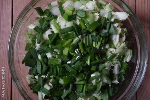 Salad of fresh cabbage and green onions with a feather in a plate