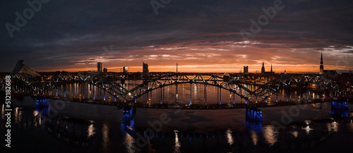 Aerial view of the train bridge in Riga, Latvia during beautiful summer sunset.