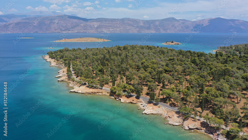Obraz premium Aerial drone photo of famous seaside area and forest of Kentri in picturesque village and port of Galaxidi, Fokida, Greece