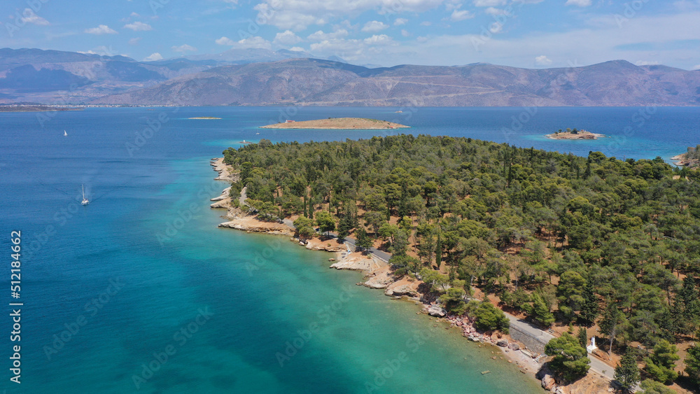 Fototapeta premium Aerial drone photo of famous seaside area and forest of Kentri in picturesque village and port of Galaxidi, Fokida, Greece
