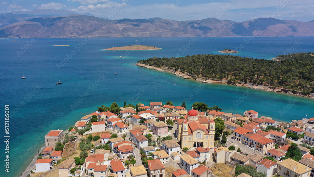Aerial drone photo from famous and picturesque port of traditional historic village of Galaxidi, Fokida, Greece